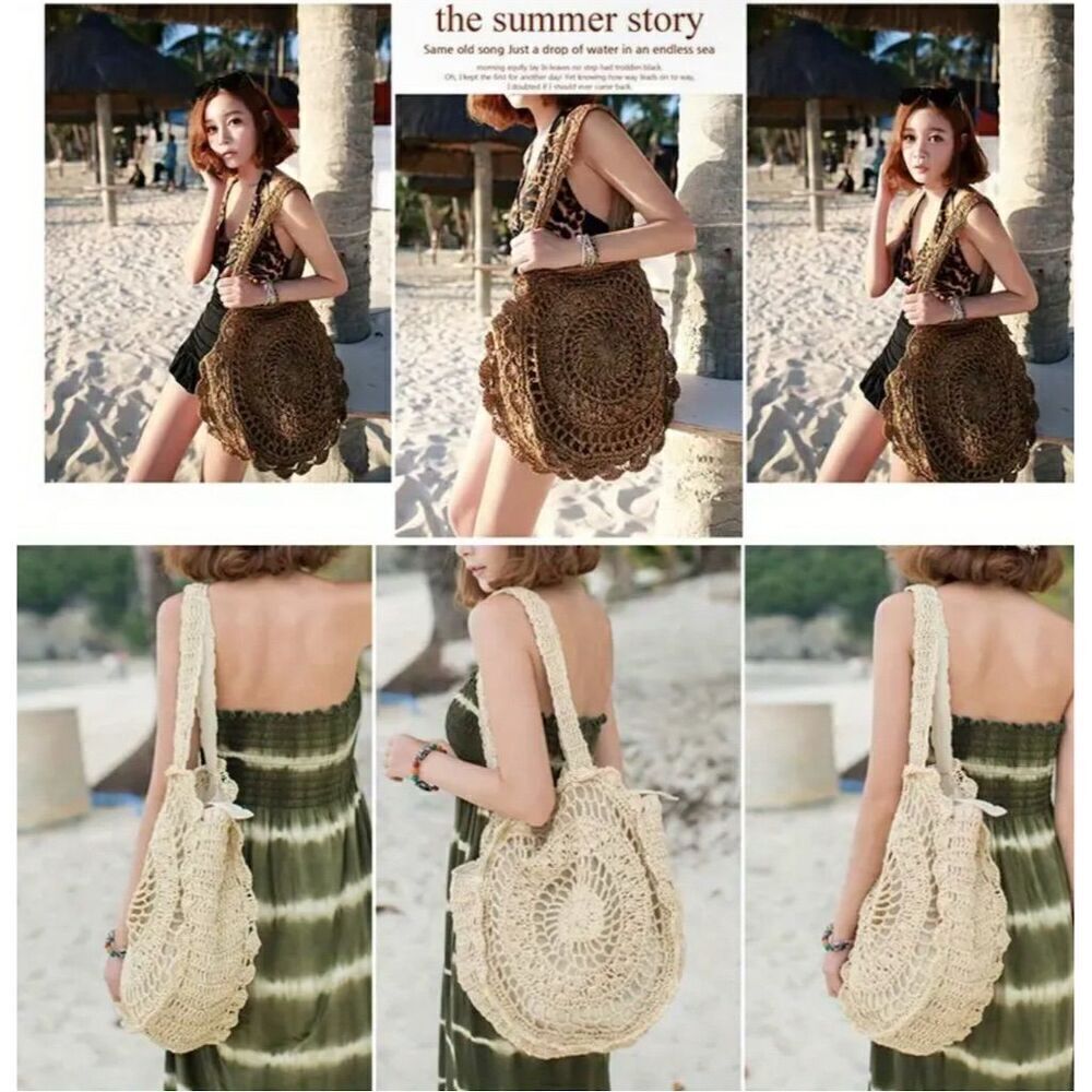 Bohemian Crochet Straw Rattan Round Tote Bag Beige Shoulder Handbag Hippie